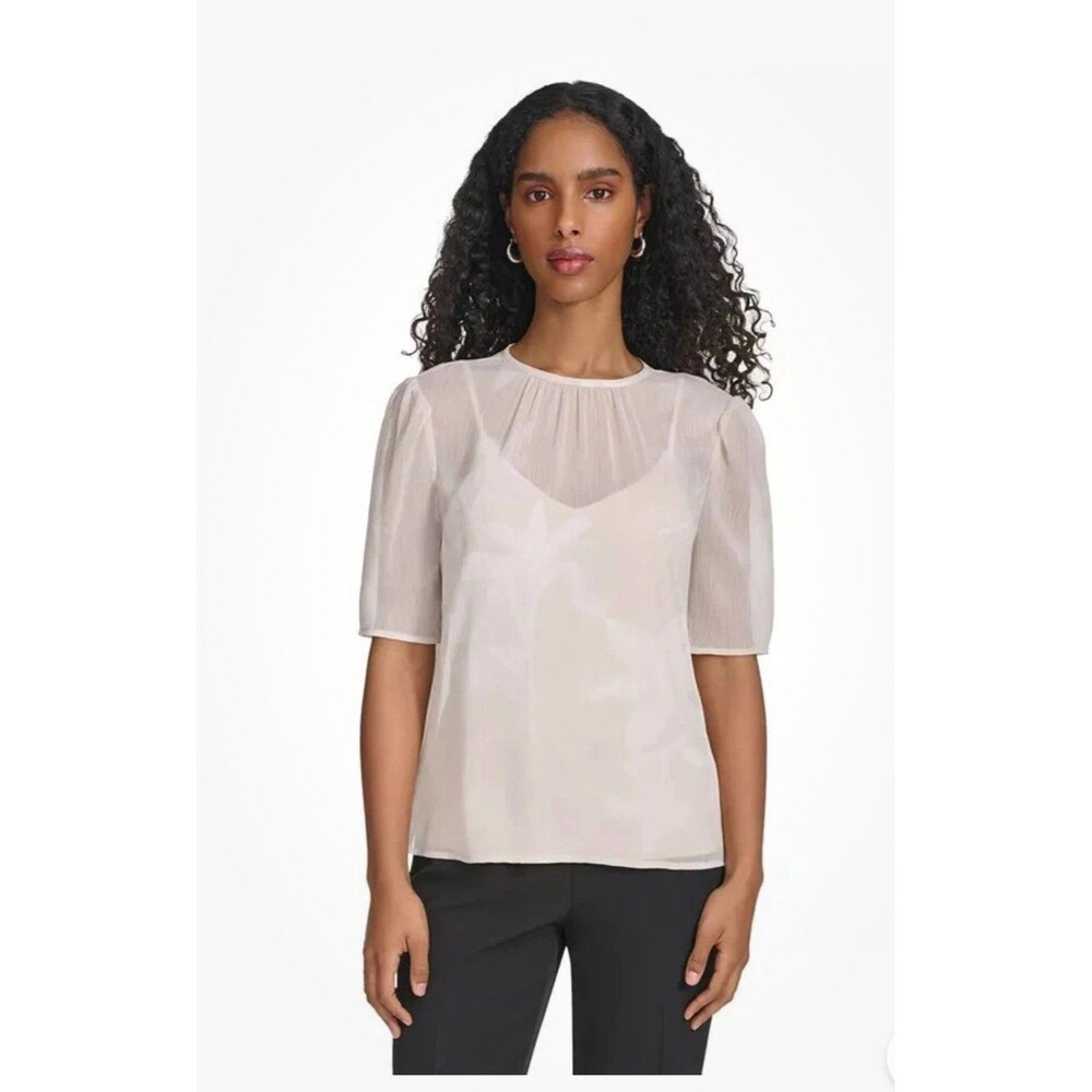 Calvin Klein Women's Floral-Motif Textured Chiffon Top, Large Missing Under Tank